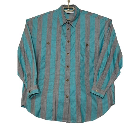 VTG Together! Missy L Striped Button-Up Shirt With Turquoise Gray Stripes Pocket - Picture 16 of 16
